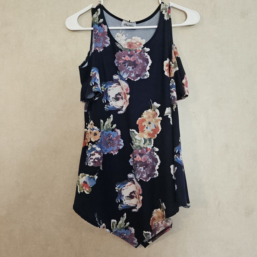 Star Vixen Womens Medium Floral Cold Shoulder Top Navy Blue Boho Blouse